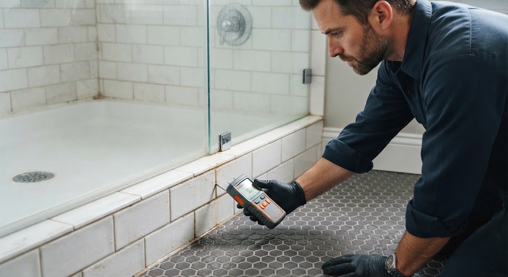 shower leak detection Montclair NJ moisture scanning on tiled bathroom floor